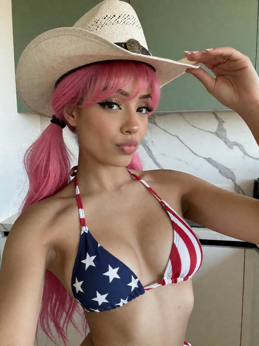 Same pink-haired AI character in a western styled scene